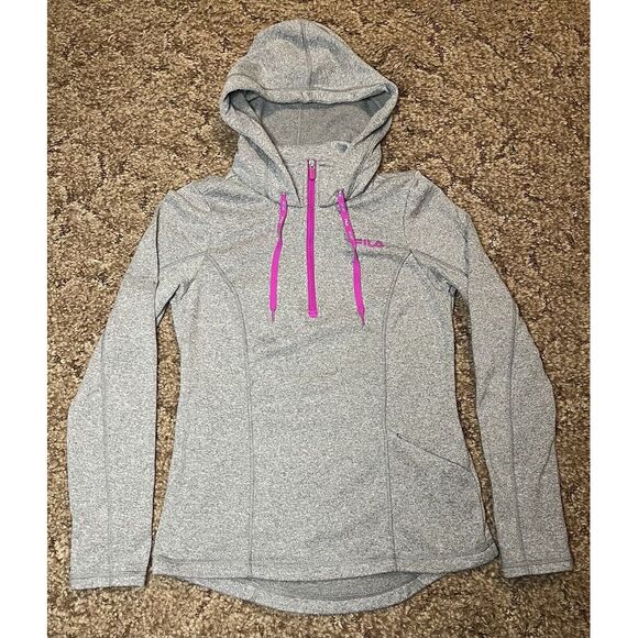 Fila Quarter‎ Zip Hoodie Womens S Gray Pink Hooded Sweatshirt Sport Outdoor - Picture 1 of 10